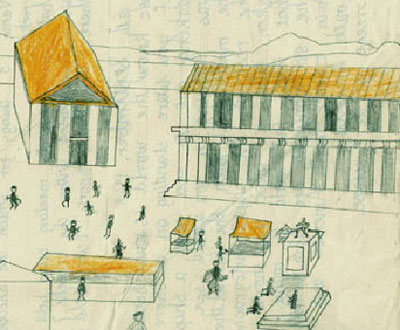 Stephen Conlin (aged 8): A Greek city, 1968, colour pencils, 12 x 9 cm; courtesy the artist